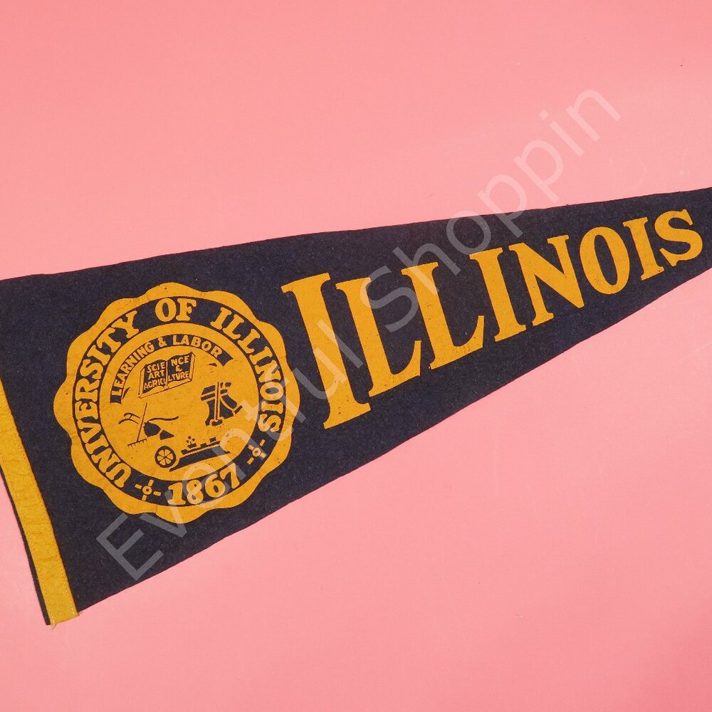 Vintage University of Illinois Pennant Blue Orange Felt 28" x 10.5" 1940s